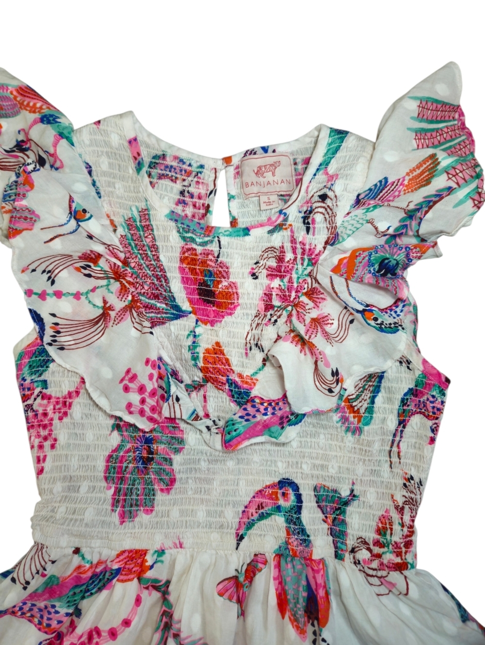 Banjanan Toucan Print Mini Ruffle Sleeve Ilona Bird Dress Cotton Boho Resort S - Picture 10 of 13